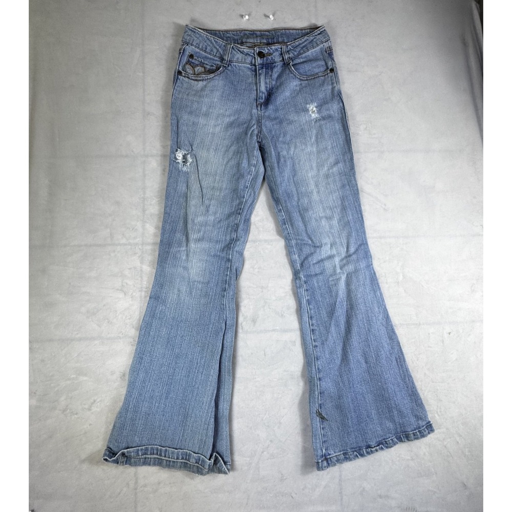 Arizona‎ Jean Co Womens Flared Jeans Blue Denim Distressed Stretch 14 Regular